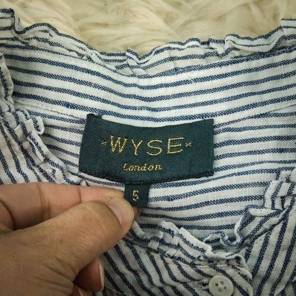 WYSE 5 Size 12 US Paris Linen Stripe Frill Ruffle Button Long Sleeve Top Blouse - Picture 6 of 8